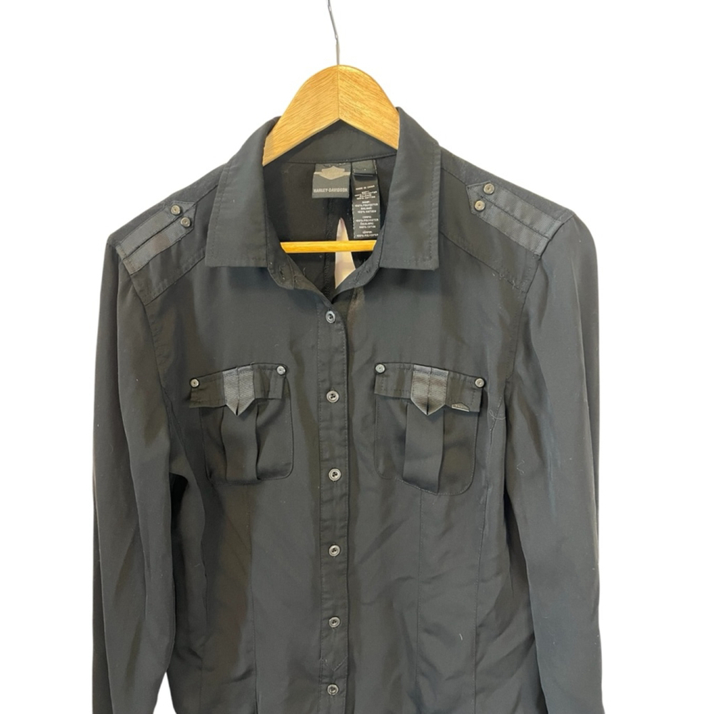 HARLEY DAVIDSON Top Women’s Medium Black Button Up Semi Sheer Shirt M - Picture 2 of 9